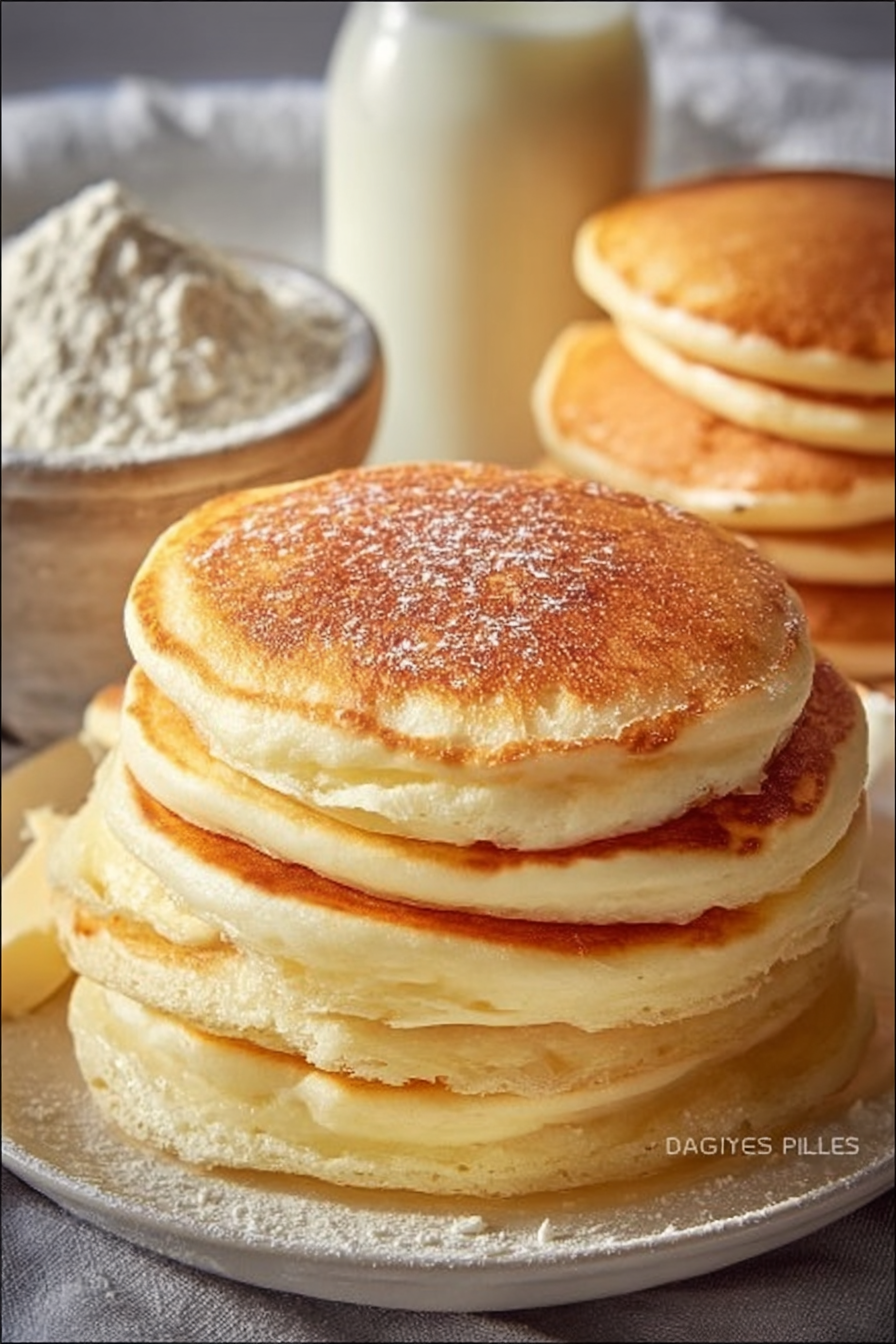 A stack of golden-brown pancakes on a plate, dusted with powdered sugar, surrounded by a bowl of butter cubes, a bottle of milk, and a bowl of flour.