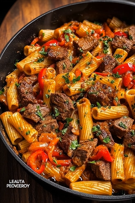 A hearty one-pot dish of rigatoni pasta mixed with juicy steak bites, sautéed red peppers, and a rich tomato-based sauce, garnished with fresh herbs in a black skillet.