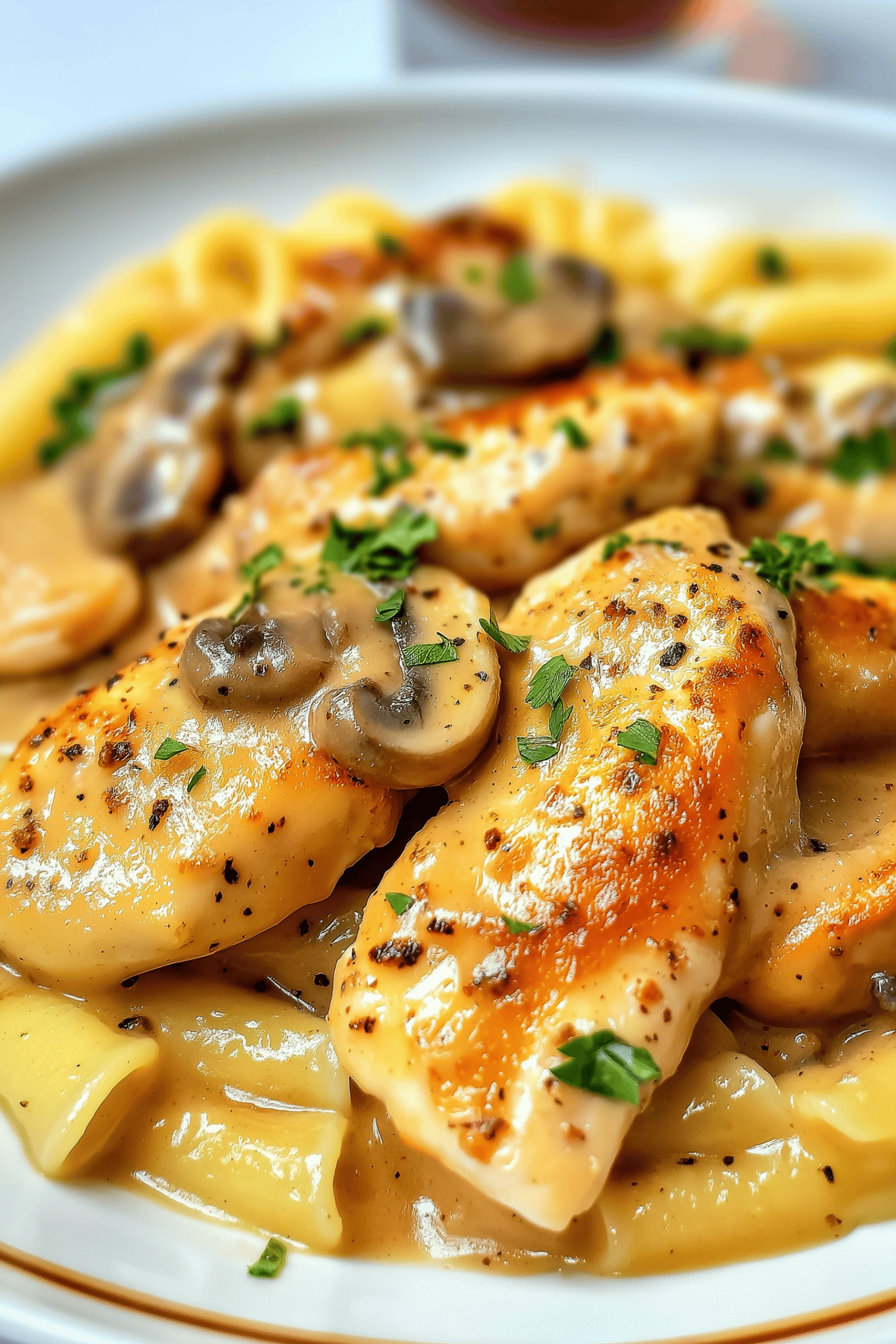 Close-up of Creamy Chicken Marsala Pasta with golden seared chicken, mushrooms, creamy Marsala sauce, and fresh parsley garnish.