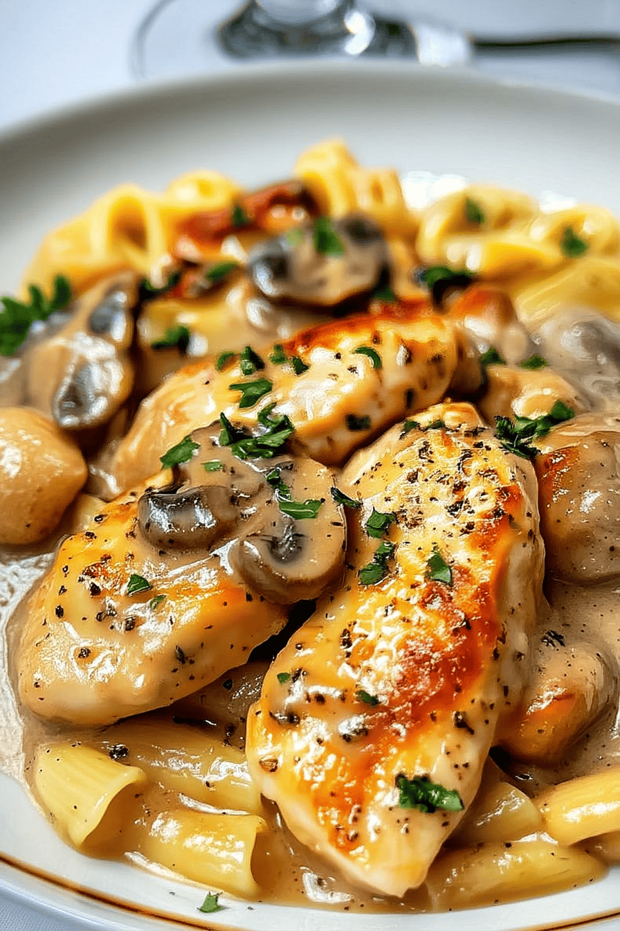 Close-up of Creamy Chicken Marsala Pasta with golden seared chicken, mushrooms, creamy Marsala sauce, and fresh parsley garnish.