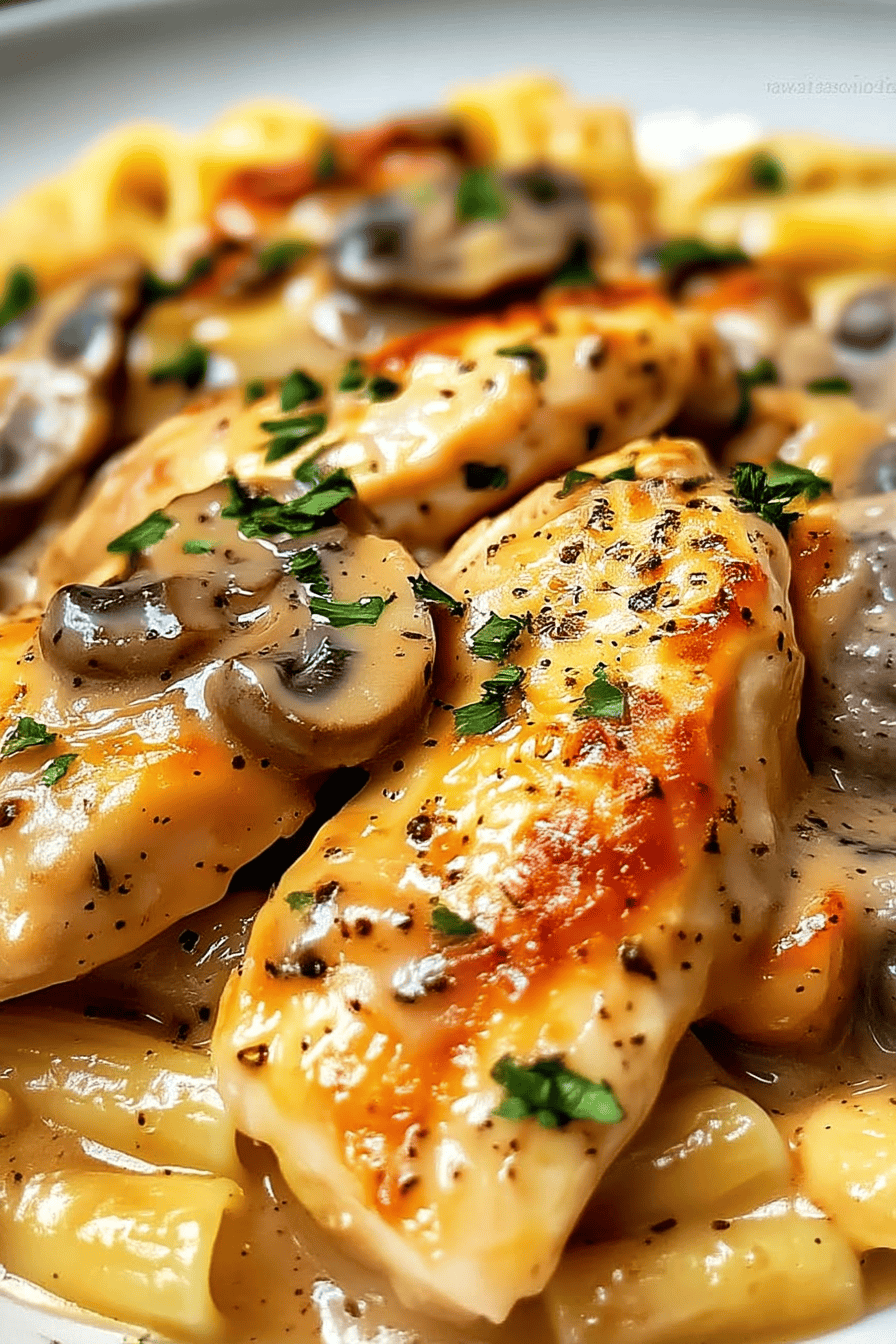 Close-up of Creamy Chicken Marsala Pasta with golden seared chicken, mushrooms, creamy Marsala sauce, and fresh parsley garnish.