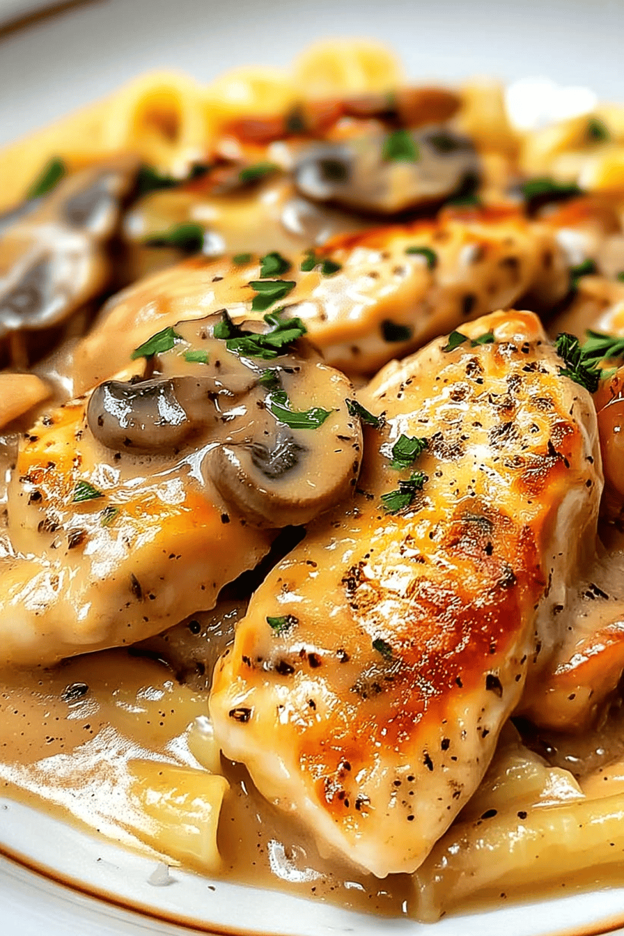 Close-up of Creamy Chicken Marsala Pasta with golden seared chicken, mushrooms, creamy Marsala sauce, and fresh parsley garnish.