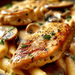 Close-up of Creamy Chicken Marsala Pasta with golden seared chicken, mushrooms, creamy Marsala sauce, and fresh parsley garnish.