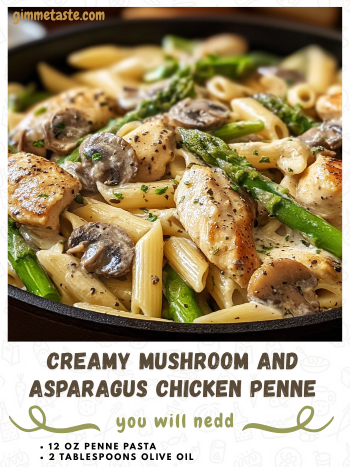 Creamy mushroom and asparagus chicken penne served in a white bowl