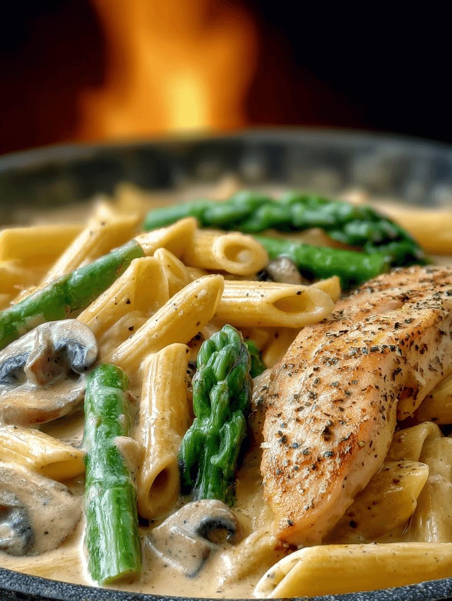 Creamy mushroom and asparagus chicken penne served in a white bowl