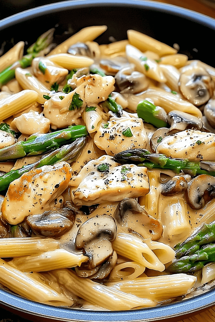 Creamy mushroom and asparagus chicken penne served in a white bowl