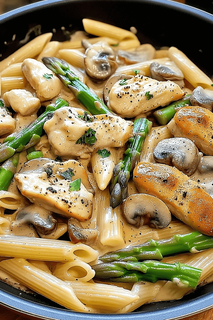 Creamy mushroom and asparagus chicken penne served in a white bowl