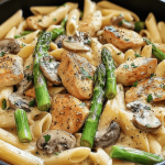 Creamy mushroom and asparagus chicken penne served in a white bowl