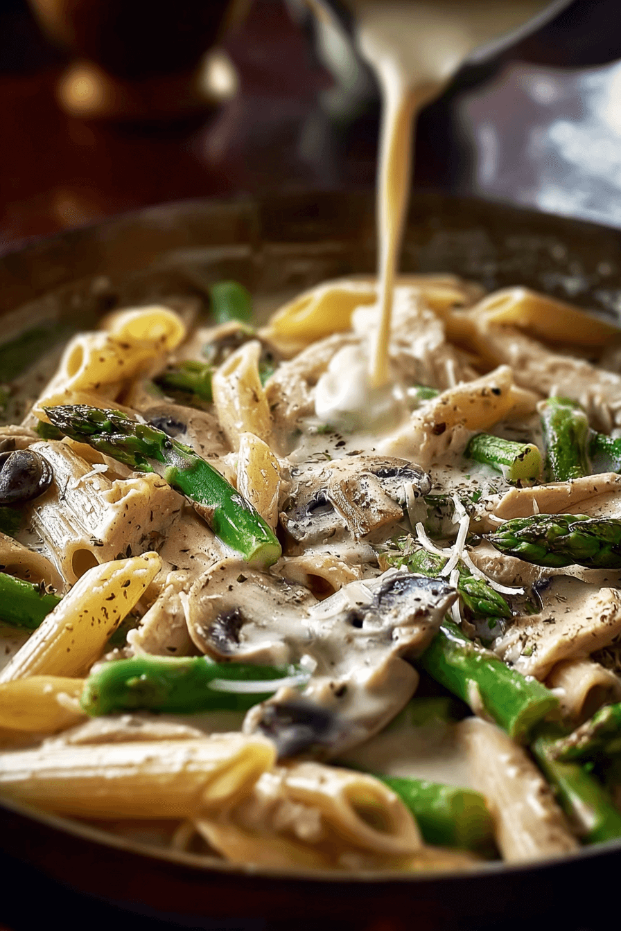 Creamy mushroom and asparagus chicken penne served in a white bowl