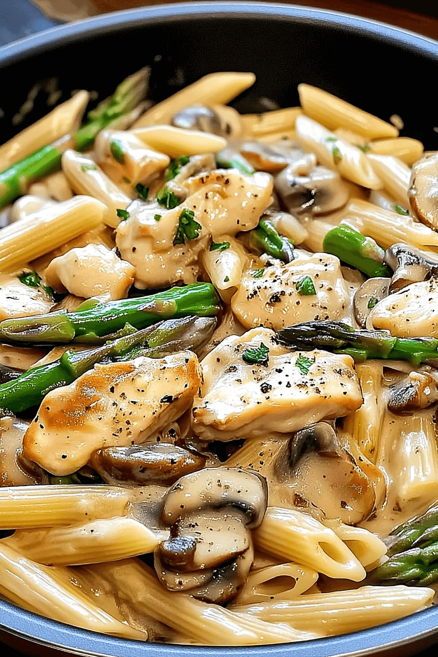 Creamy mushroom and asparagus chicken penne served in a white bowl