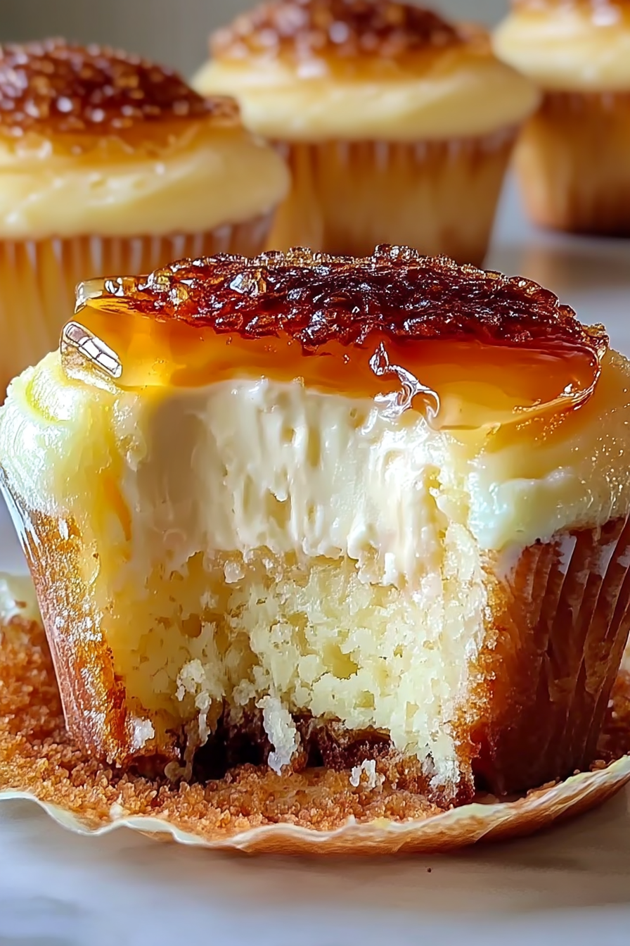 Vanilla bean crème brûlée cheesecake cupcakes with caramelized sugar topping and creamy cheesecake filling inside golden cupcake liners.