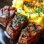 Savory Steak Bites with Creamy Mash topped with garlic butter sauce and herbs
