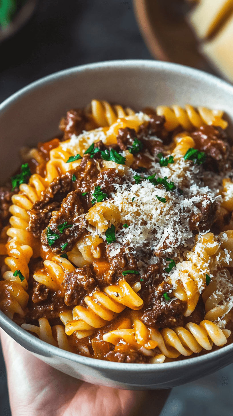 Delicious Garlic Beef Pasta served in a creamy garlic Parmesan sauce