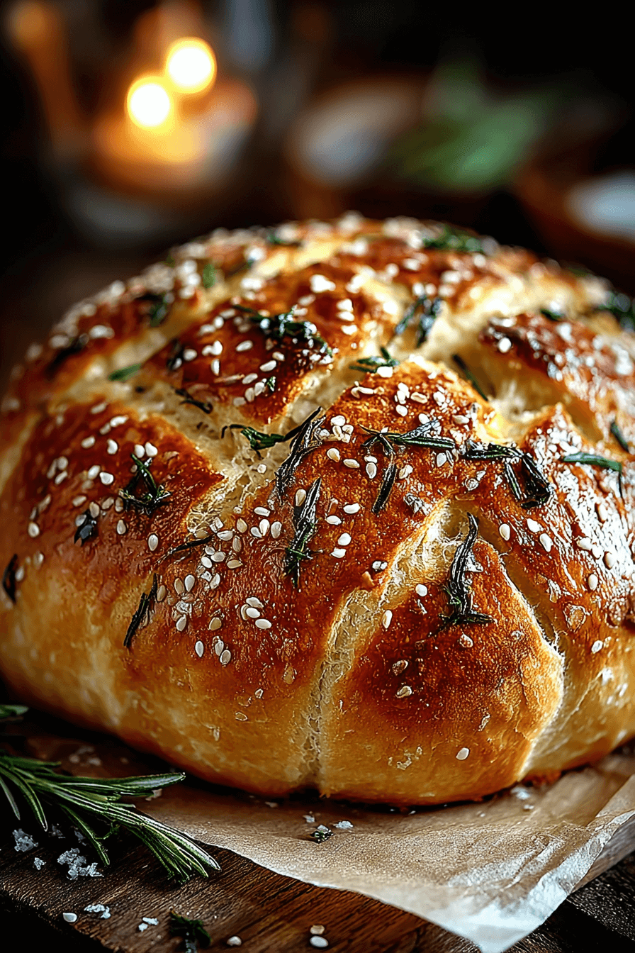 Freshly baked artisan loaf of Easy Roasted Garlic Rosemary Bread with golden crust and rosemary sprigs