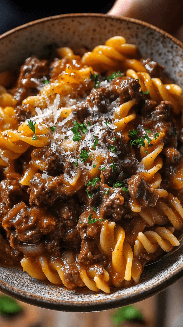 Delicious Garlic Beef Pasta served in a creamy garlic Parmesan sauce