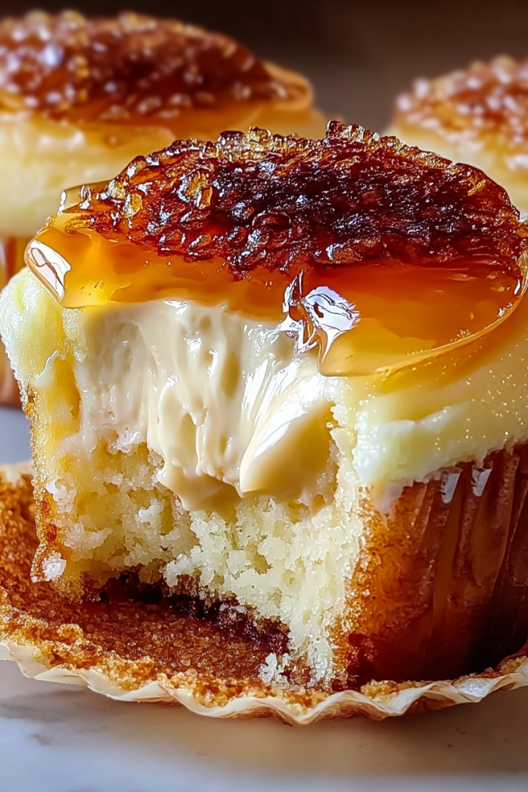 Vanilla bean crème brûlée cheesecake cupcakes with caramelized sugar topping and creamy cheesecake filling inside golden cupcake liners.