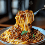 Close-up of a plate of spaghetti bolognese topped with a rich, meaty tomato sauce, garnished with fresh parsley, and steam rising as a fork lifts the pasta.