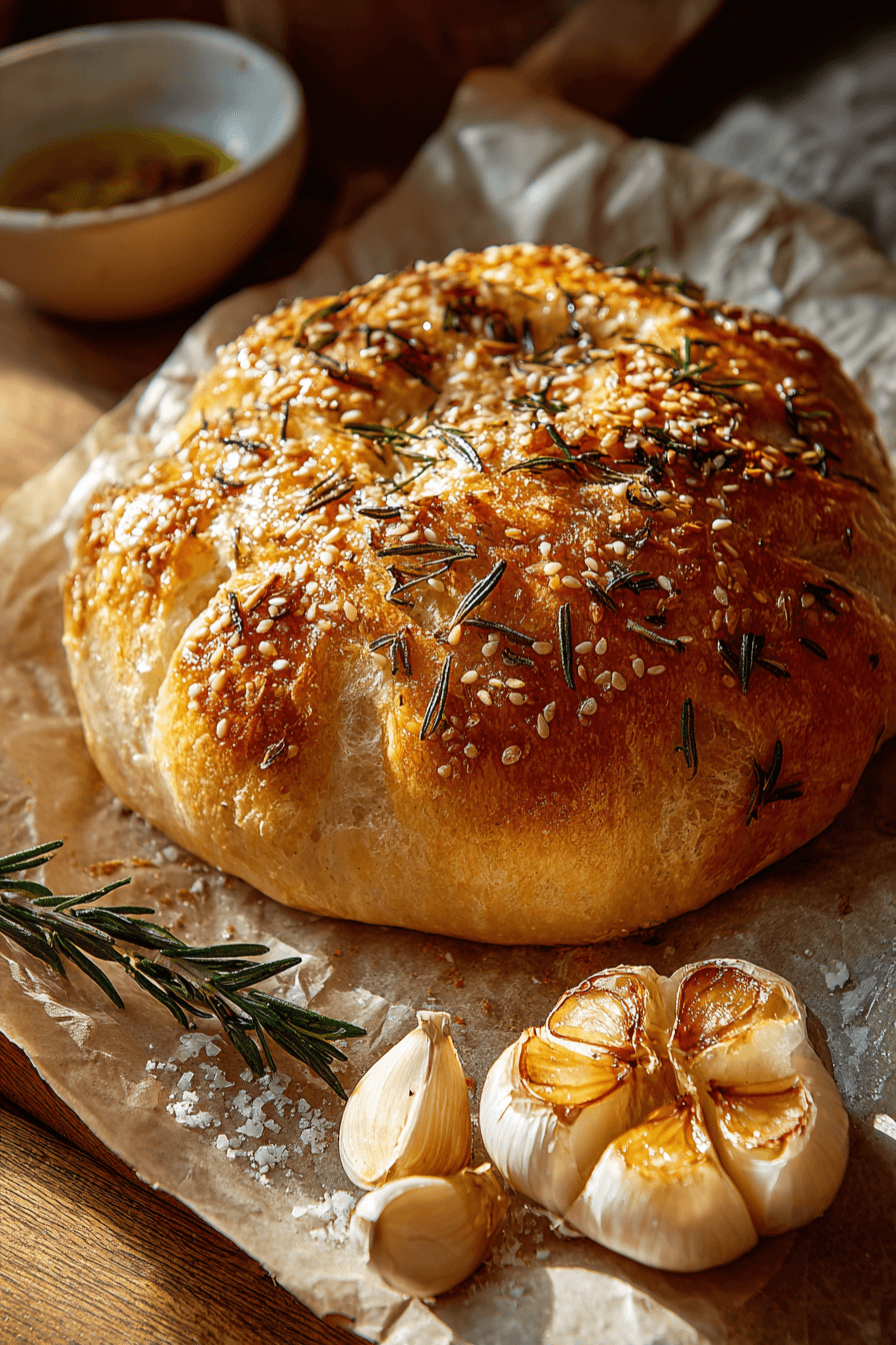 Freshly baked artisan loaf of Easy Roasted Garlic Rosemary Bread with golden crust and rosemary sprigs
