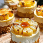 Mini Pineapple Upside-Down Cheesecakes topped with glossy caramelized pineapple rings on a golden graham cracker crust.