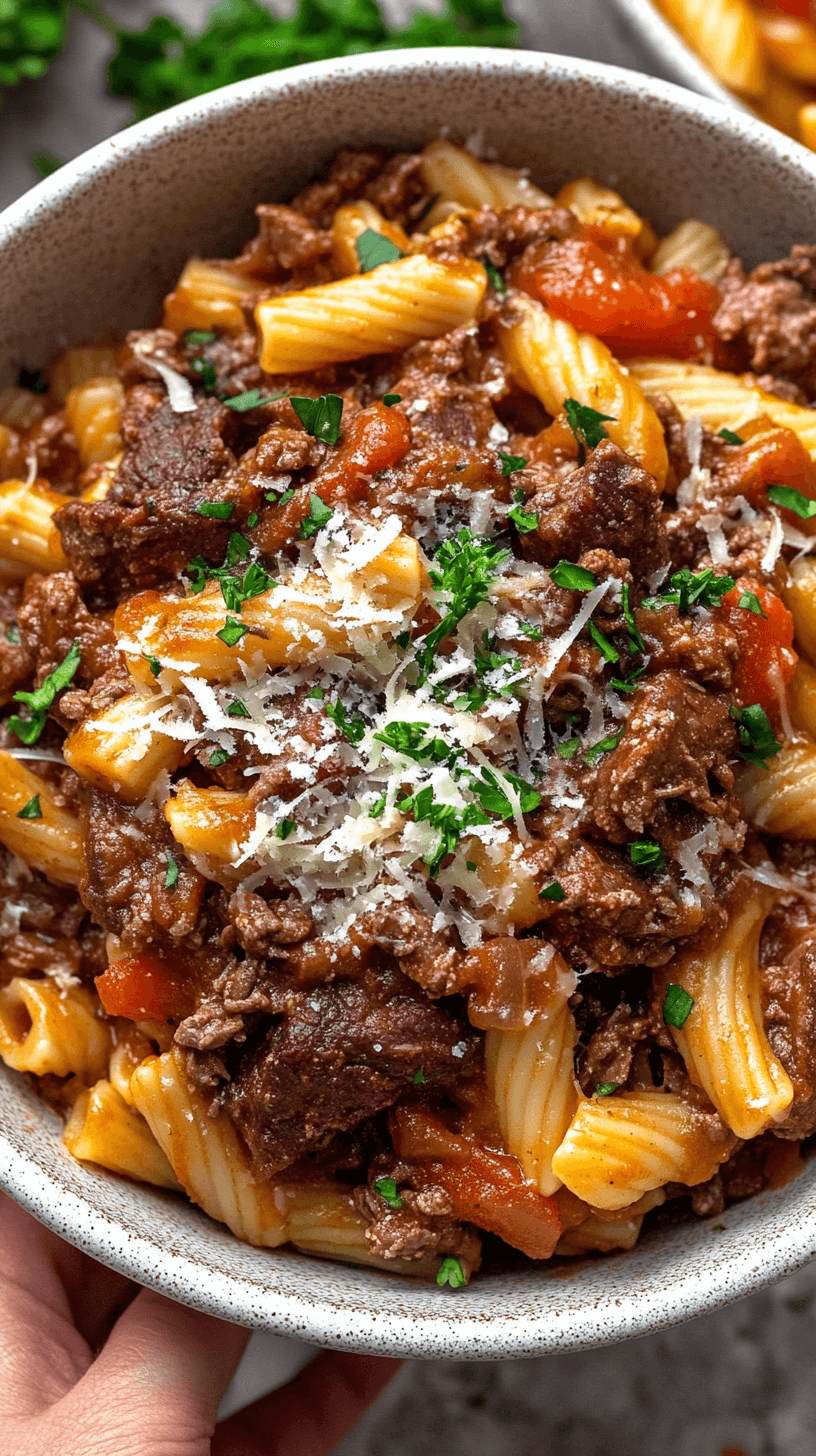 Delicious Garlic Beef Pasta served in a creamy garlic Parmesan sauce