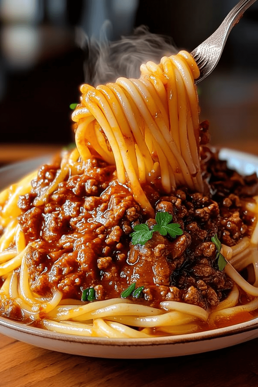 Close-up of a plate of spaghetti bolognese topped with a rich, meaty tomato sauce, garnished with fresh parsley, and steam rising as a fork lifts the pasta.