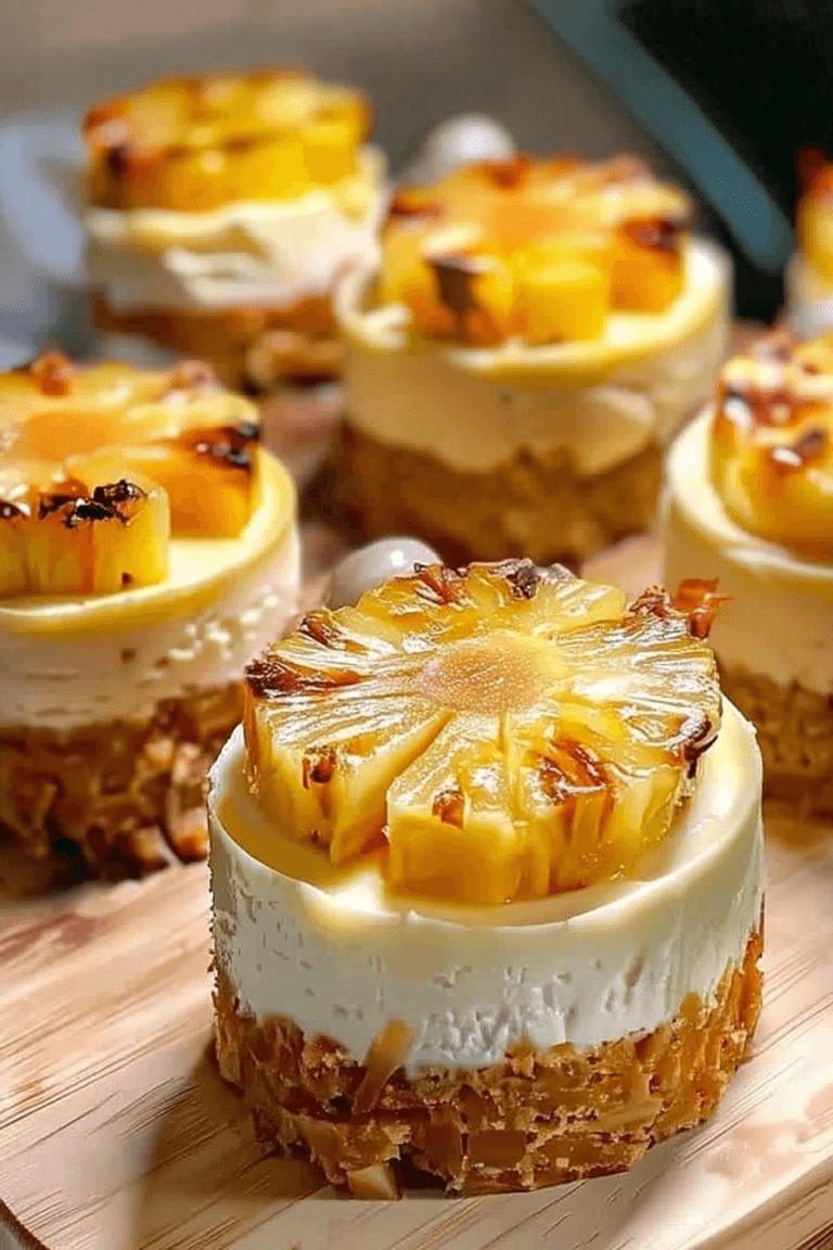 Mini Pineapple Upside-Down Cheesecakes topped with glossy caramelized pineapple rings on a golden graham cracker crust.