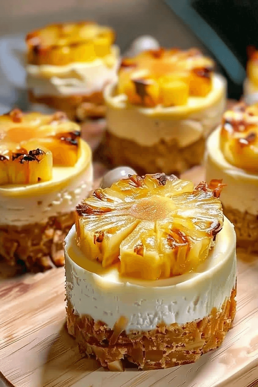 Mini Pineapple Upside-Down Cheesecakes topped with glossy caramelized pineapple rings on a golden graham cracker crust.