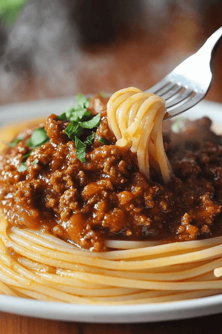 Close-up of a plate of spaghetti bolognese topped with a rich, meaty tomato sauce, garnished with fresh parsley, and steam rising as a fork lifts the pasta.