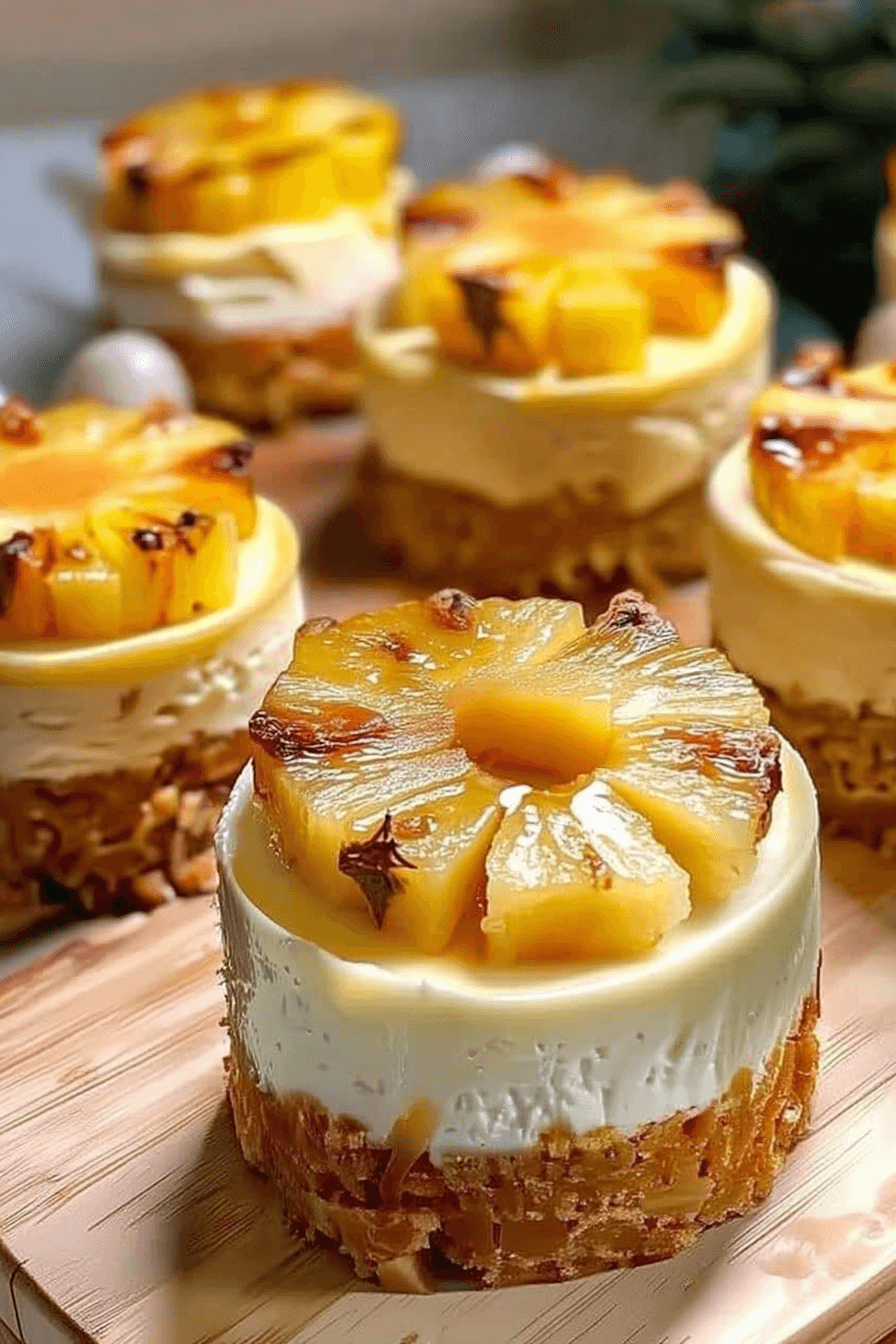 Mini Pineapple Upside-Down Cheesecakes topped with glossy caramelized pineapple rings on a golden graham cracker crust.
