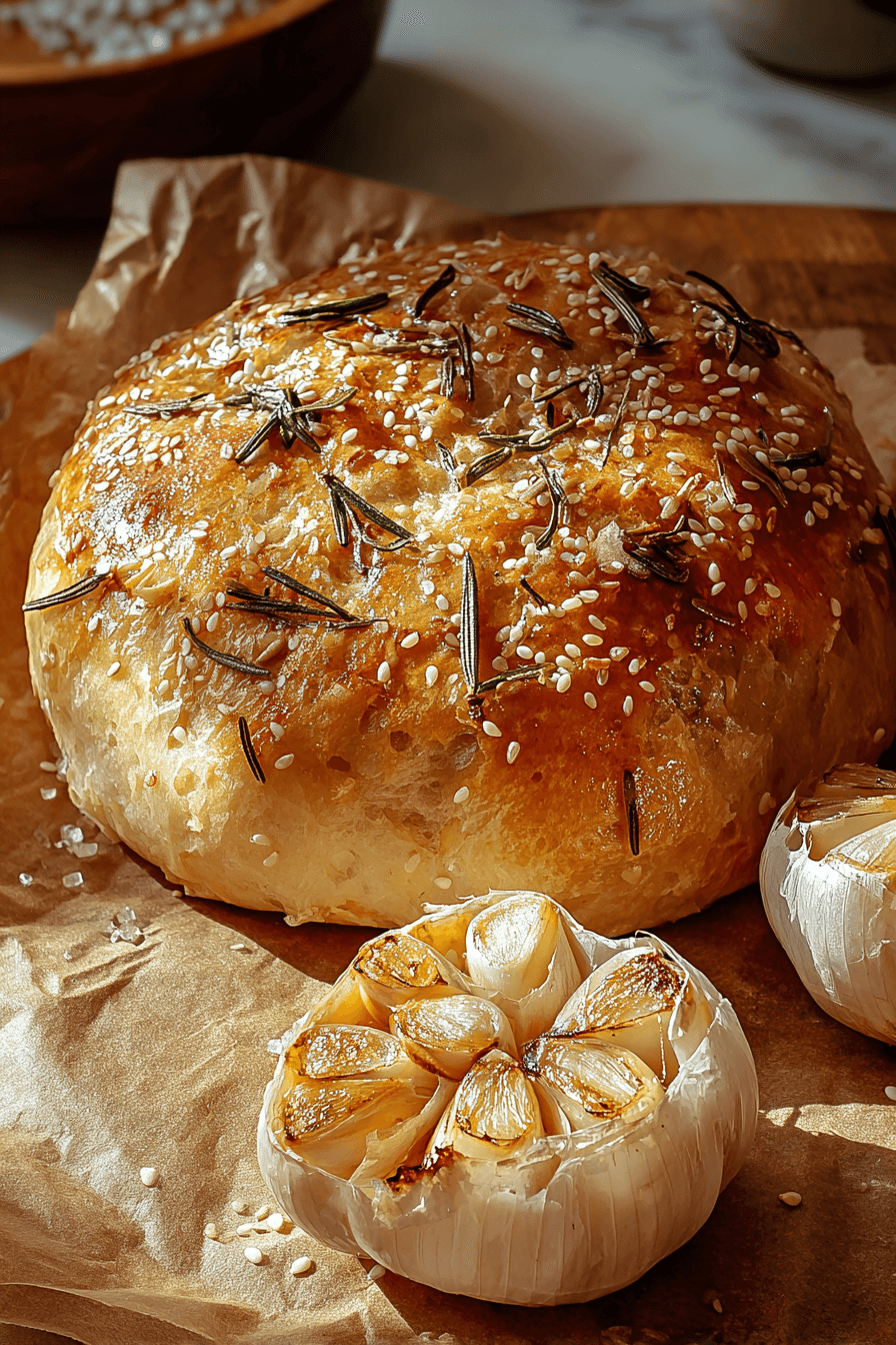 Freshly baked artisan loaf of Easy Roasted Garlic Rosemary Bread with golden crust and rosemary sprigs