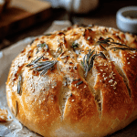 Freshly baked artisan loaf of Easy Roasted Garlic Rosemary Bread with golden crust and rosemary sprigs