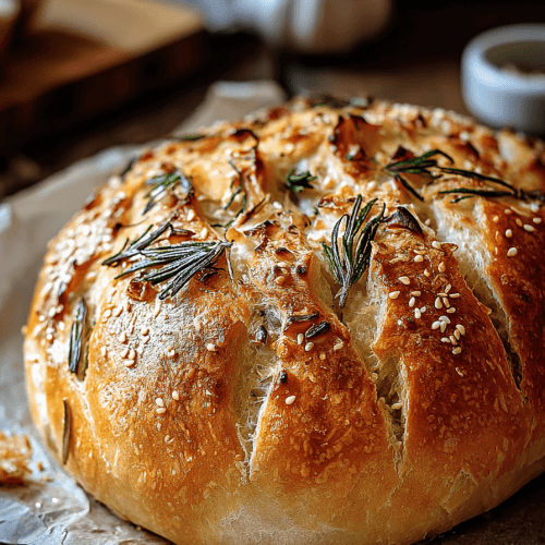 Freshly baked artisan loaf of Easy Roasted Garlic Rosemary Bread with golden crust and rosemary sprigs