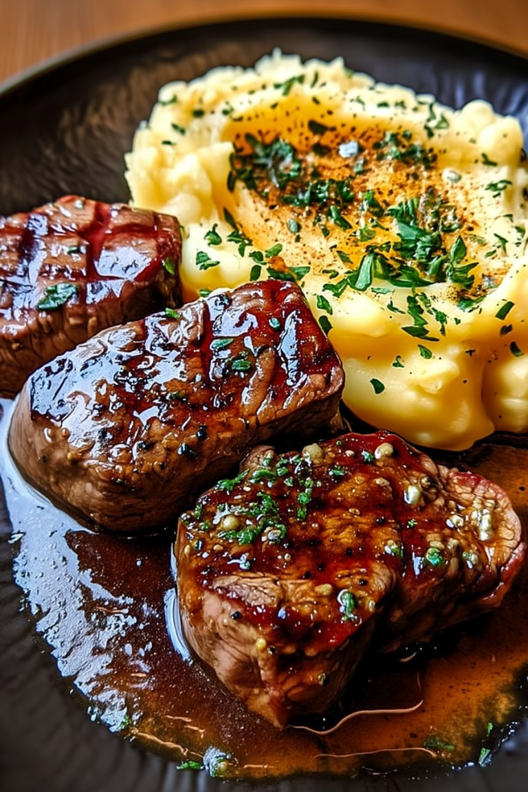 Savory Steak Bites with Creamy Mash topped with garlic butter sauce and herbs