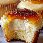 Vanilla bean crème brûlée cheesecake cupcakes with caramelized sugar topping and creamy cheesecake filling inside golden cupcake liners.