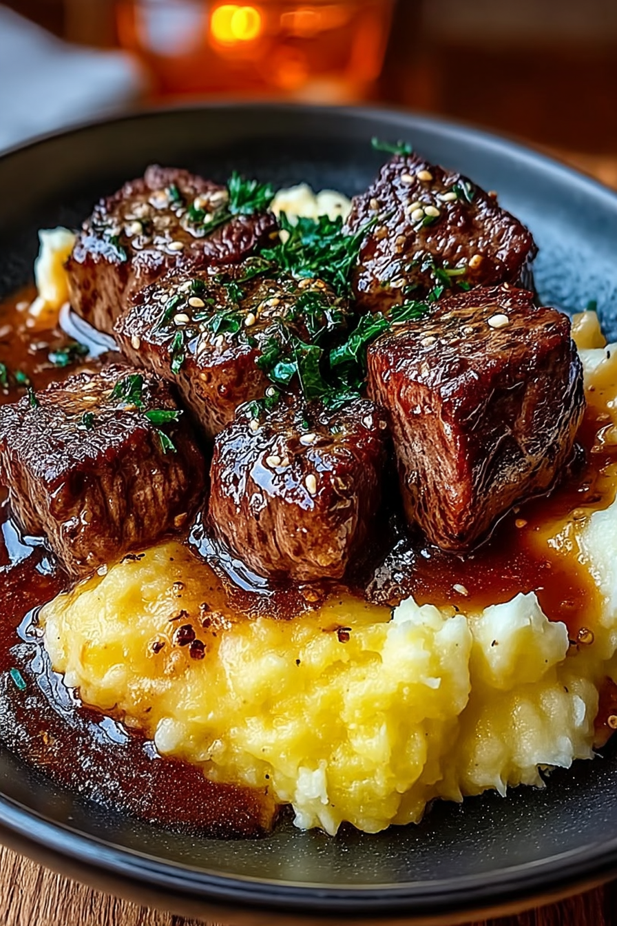 Savory Steak Bites with Creamy Mash topped with garlic butter sauce and herbs