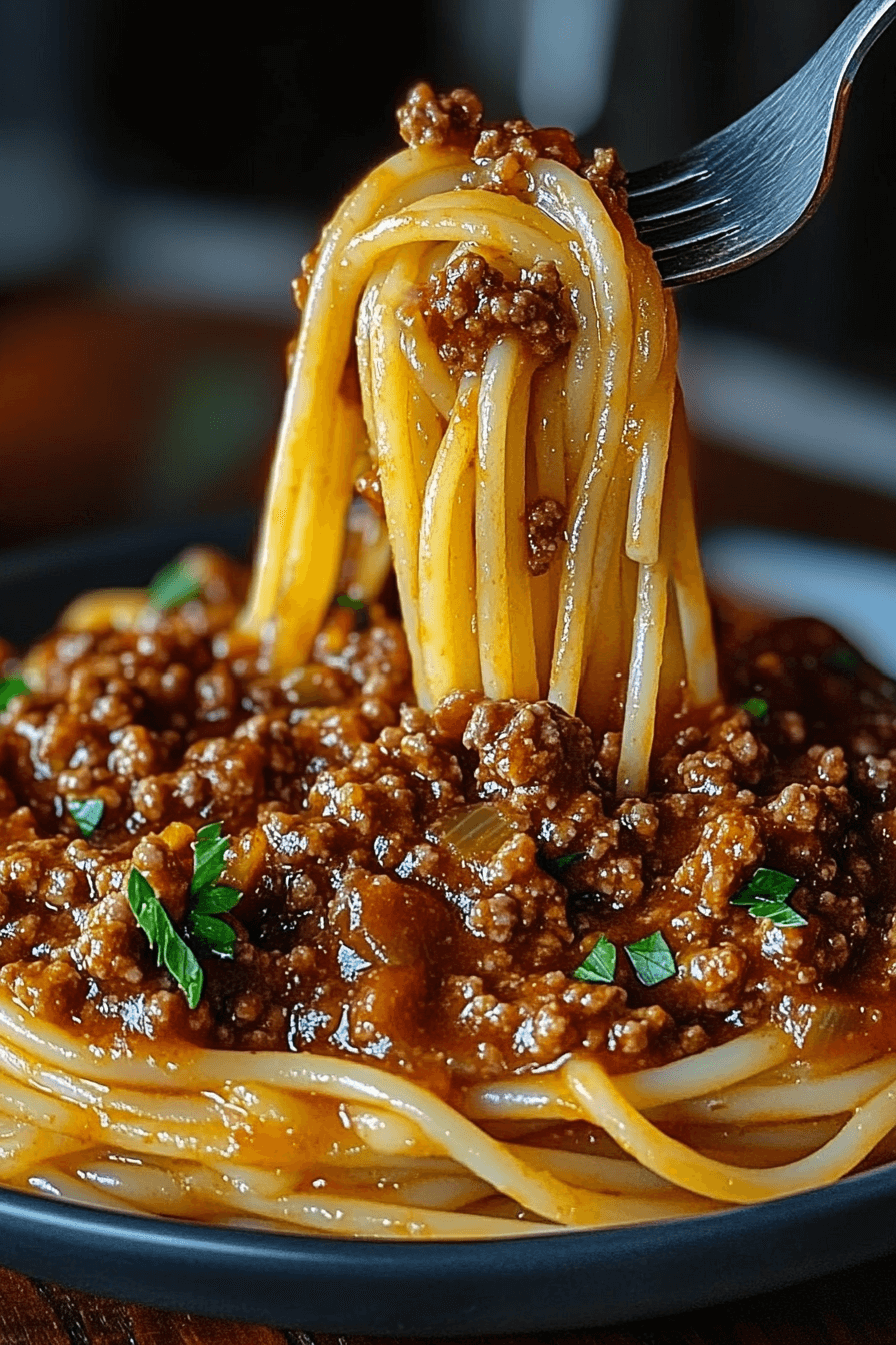 Close-up of a plate of spaghetti bolognese topped with a rich, meaty tomato sauce, garnished with fresh parsley, and steam rising as a fork lifts the pasta.