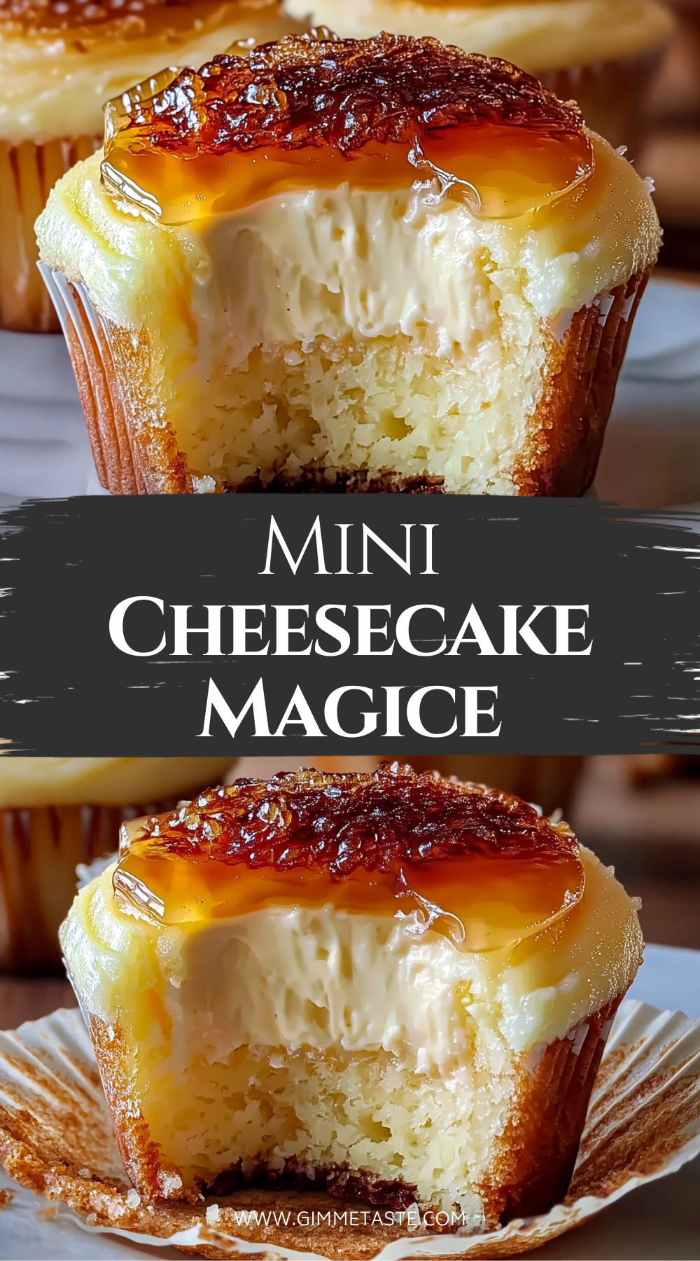 Vanilla bean crème brûlée cheesecake cupcakes with caramelized sugar topping and creamy cheesecake filling inside golden cupcake liners.