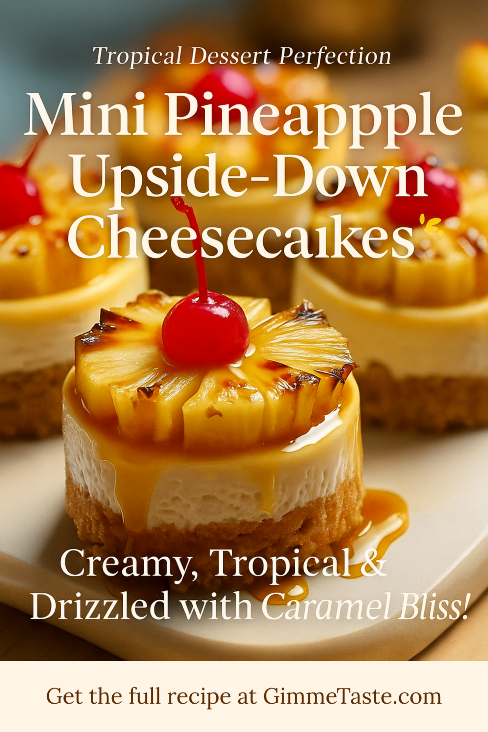 Mini Pineapple Upside-Down Cheesecakes topped with glossy caramelized pineapple rings on a golden graham cracker crust.