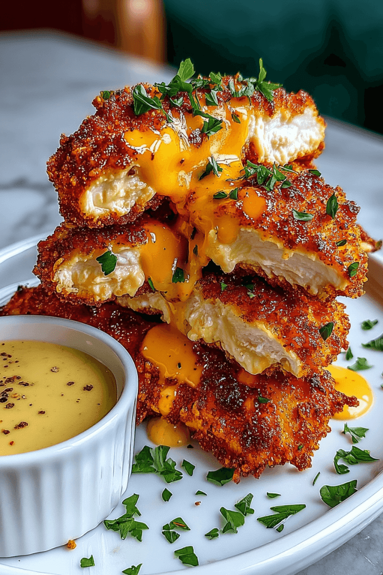 A close-up shot of juicy, crispy crack chicken tenders coated in a creamy ranch and cheese mixture, baked to golden perfection and arranged beautifully on a serving plate—perfect for showcasing this addictive weeknight dinner.