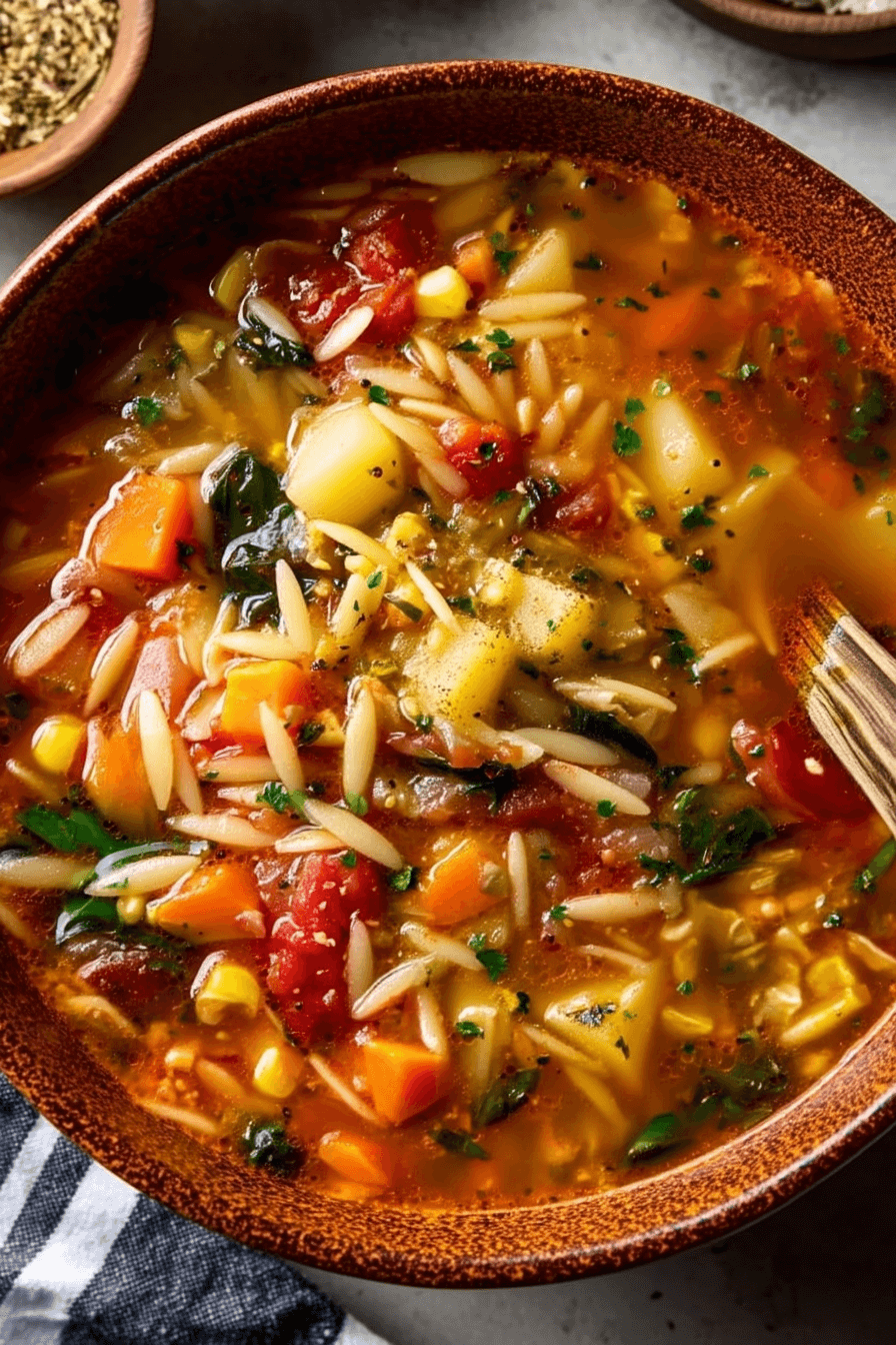 Vegetable orzo soup recipe served in a bowl with fresh parsley garnish