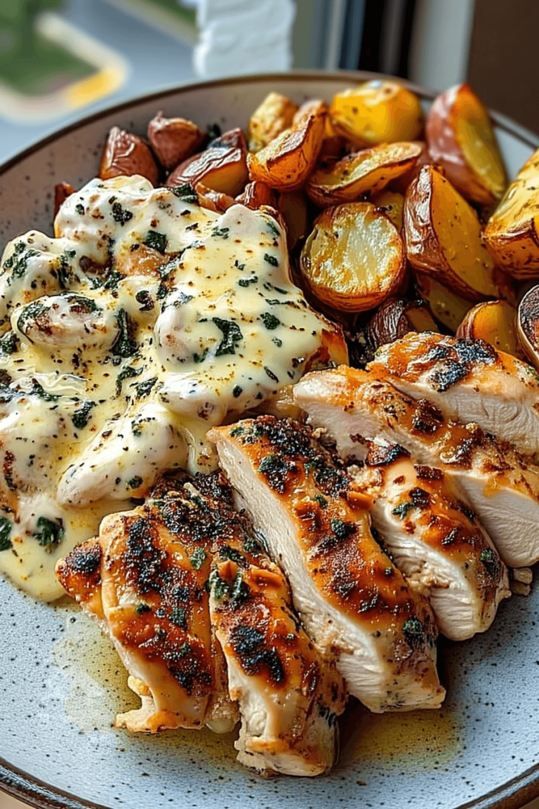 Lemon-Herb Chicken Alfredo with spicy feta and crispy Brussels-Parmesan wedges – creamy Mediterranean-style comfort dish