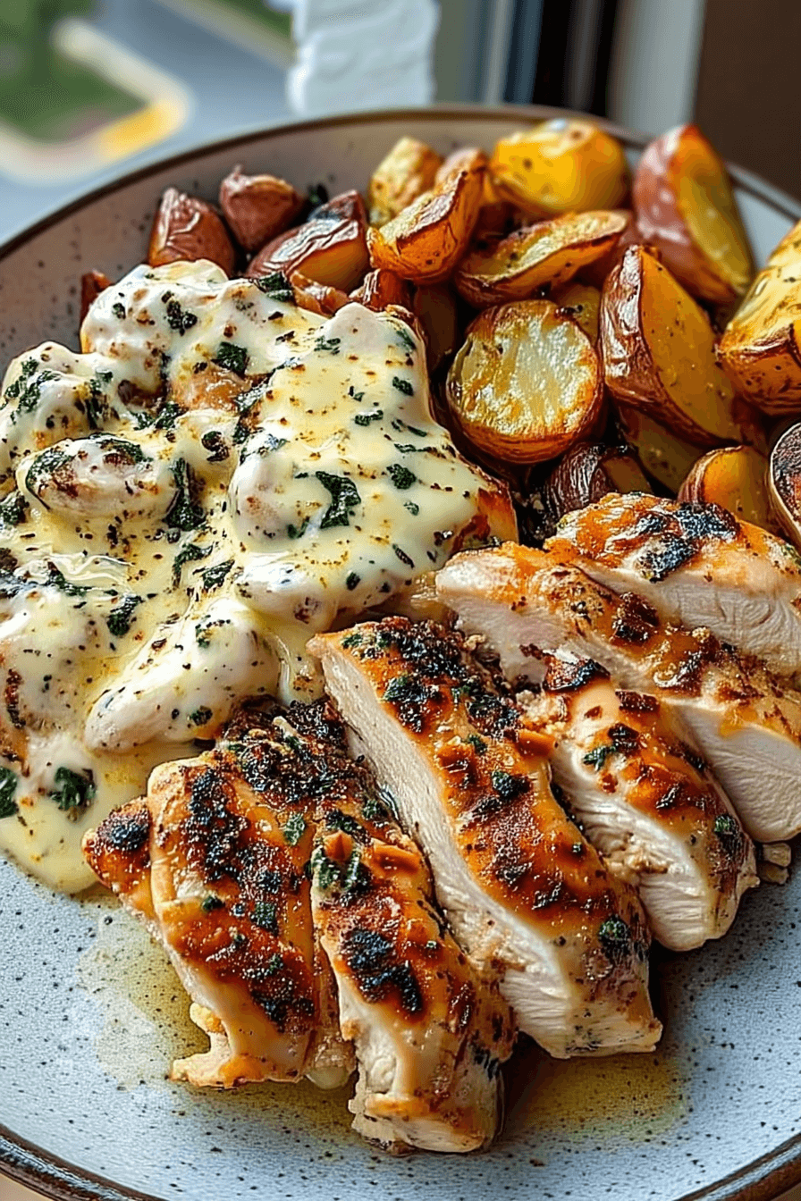 Lemon-Herb Chicken Alfredo with spicy feta and crispy Brussels-Parmesan wedges – creamy Mediterranean-style comfort dish