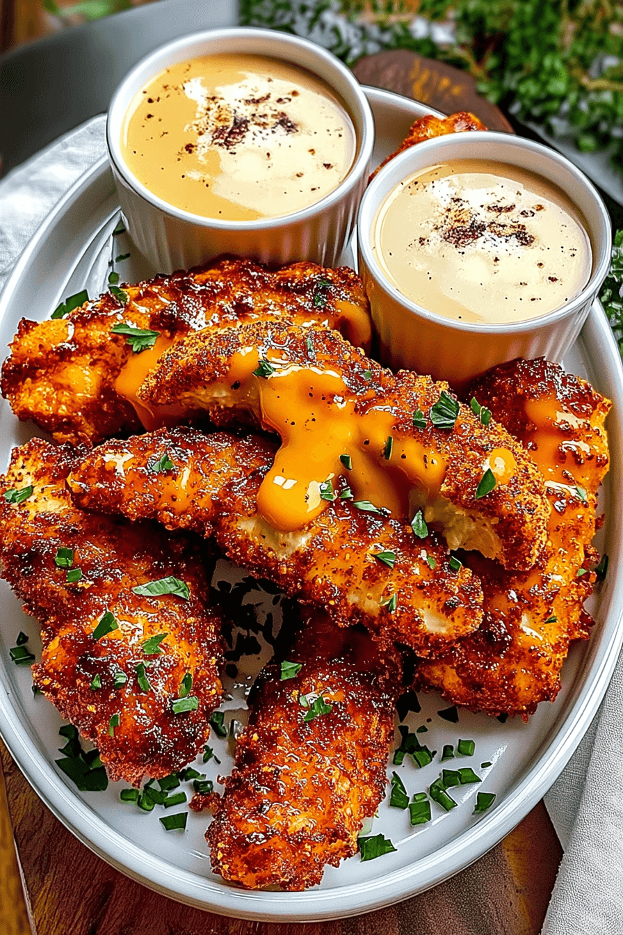 A close-up shot of juicy, crispy crack chicken tenders coated in a creamy ranch and cheese mixture, baked to golden perfection and arranged beautifully on a serving plate—perfect for showcasing this addictive weeknight dinner.