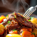 “Tender slow cooker pot roast with potatoes and carrots served with rich brown gravy.”