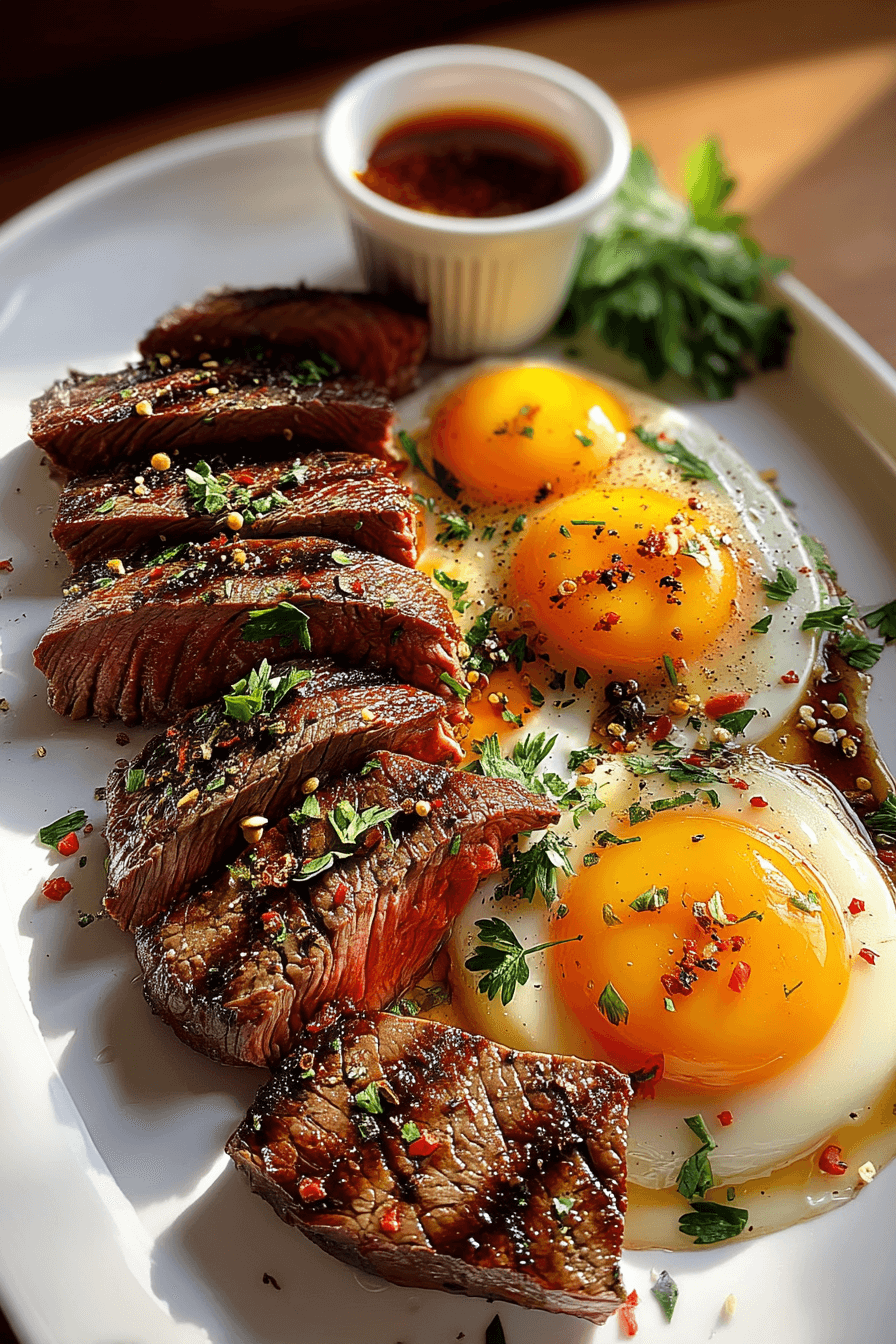 Garlic Steak Bites and Eggs served on a breakfast plate