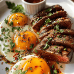 Garlic Steak Bites and Eggs served on a breakfast plate