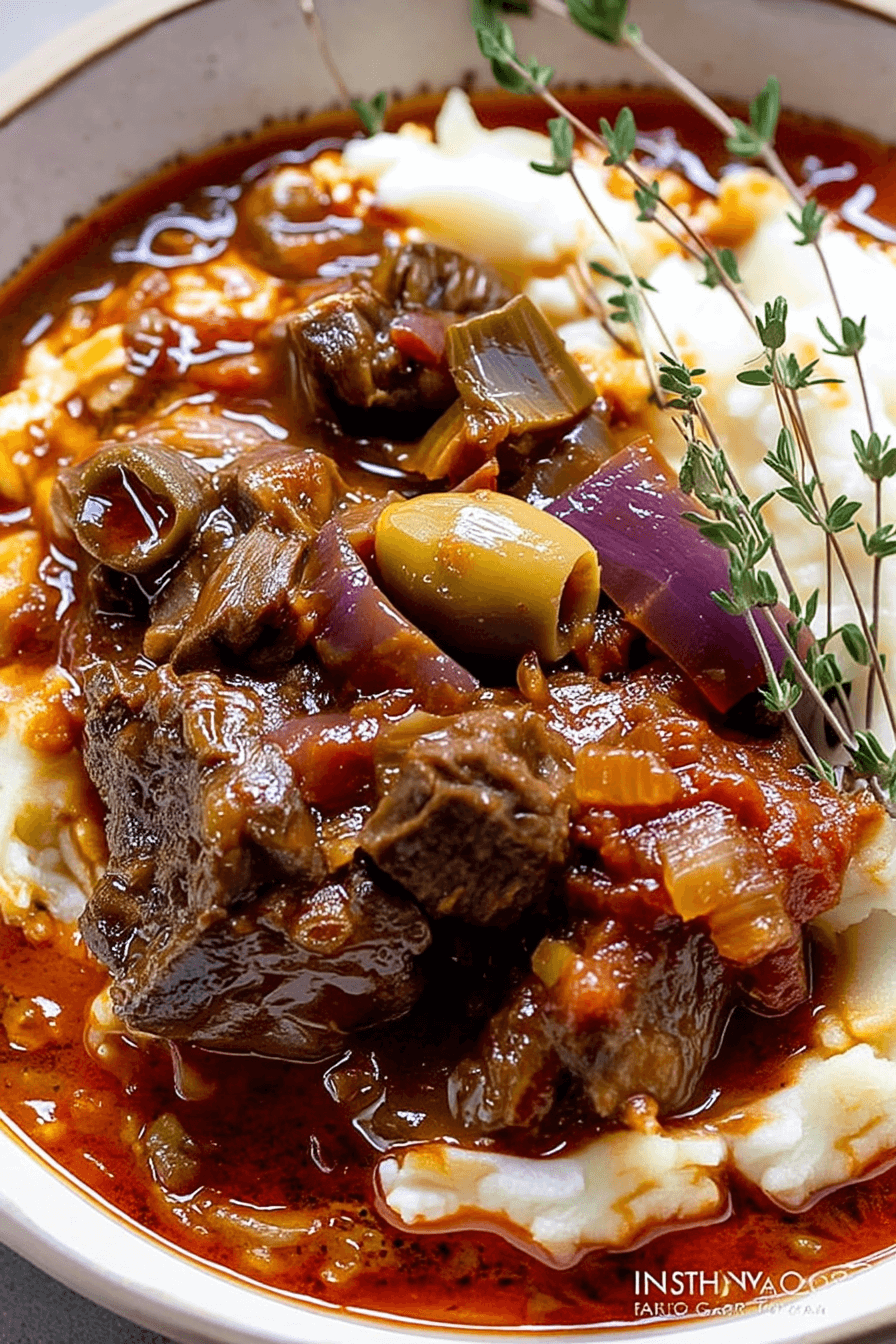 Instant Pot Greek Beef Stifado – tender beef stew in tomato-garlic sauce with red wine vinegar and Mediterranean herbs