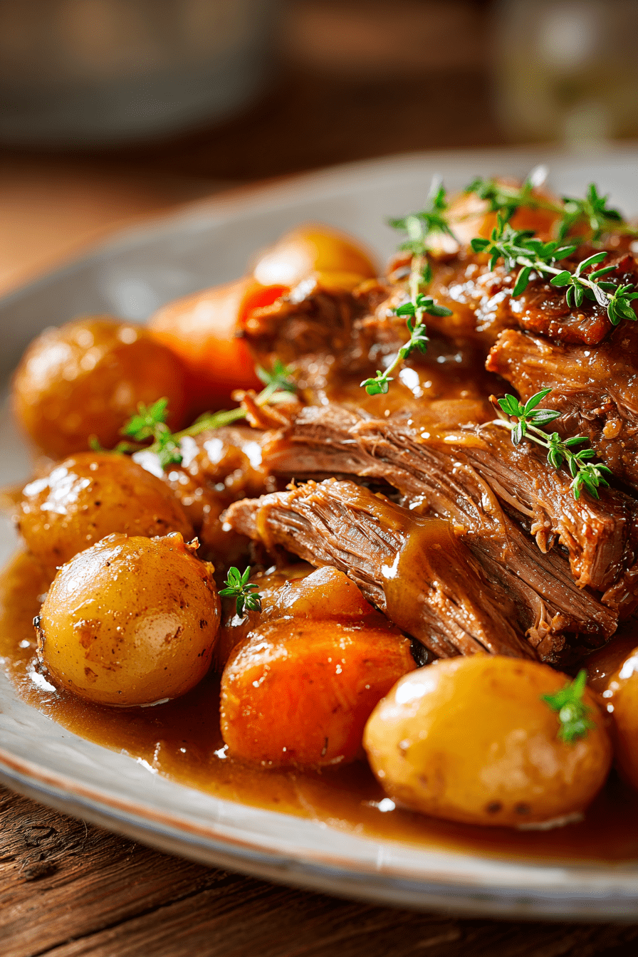 “Tender slow cooker pot roast with potatoes and carrots served with rich brown gravy.”
