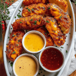 A close-up shot of juicy, crispy crack chicken tenders coated in a creamy ranch and cheese mixture, baked to golden perfection and arranged beautifully on a serving plate—perfect for showcasing this addictive weeknight dinner.