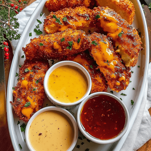 A close-up shot of juicy, crispy crack chicken tenders coated in a creamy ranch and cheese mixture, baked to golden perfection and arranged beautifully on a serving plate—perfect for showcasing this addictive weeknight dinner.